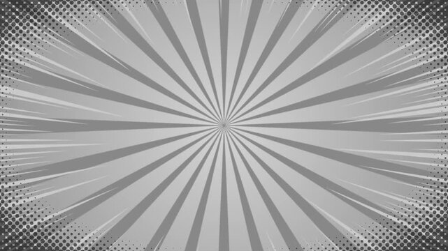 Flat retro 70s style, textured duotone Sun Burst cartoon animated abstract motion graphics background. black stripes and rays rotating seamless looped animation