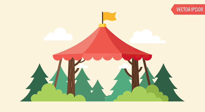 Red tent with yellow flag in forest clearing under cloudy sky