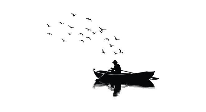 A lone fisherman rows a small boat on calm water surrounded by a flock of birds a striking silhouette