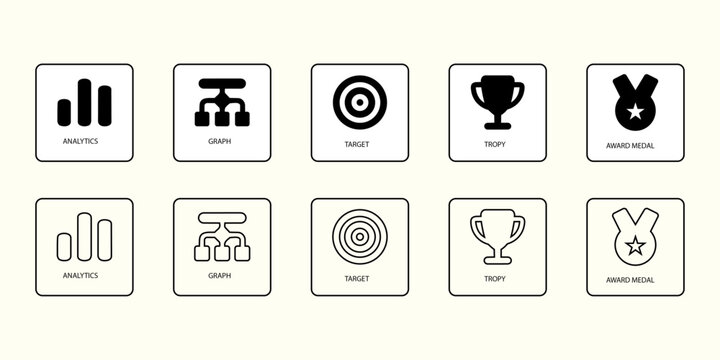 Finance and analytics solid lineart icons. Analytics, Graph, Target, Tropy Award, Medal