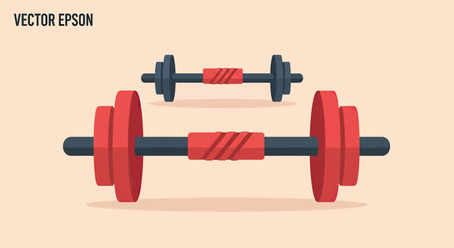 Two stylized dumbbells, one large and one small, with red weights and grips