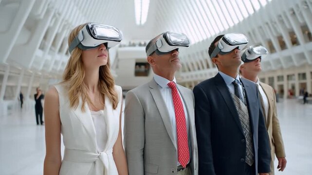 Vision of The Future: A group of individuals don futuristic virtual reality headsets in a sleek, modern architectural space, symbolizing a glimpse into the future of technology and human interaction.