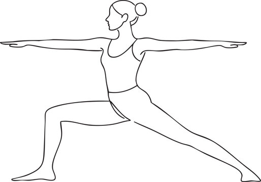 Woman yoga warrior II pose line art, minimal outline vector illustration for fitness wellness concept