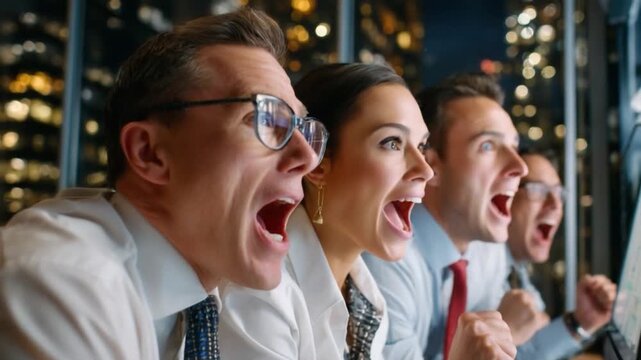 Triumphant Spectators: A group of professionals are watching and excitedly react to an event in an office environment, their expressions capturing the raw emotion of the moment.