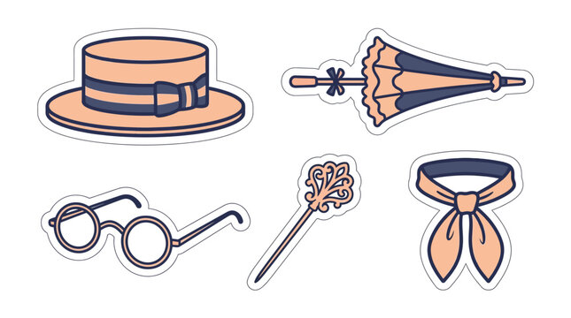 Victorian Accessories Collection: Hat, Umbrella, Glasses, Cane, Necktie - Vintage Flat Vector Icon Set