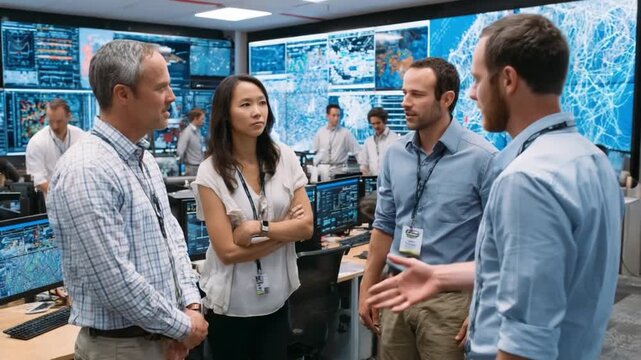 Command Center Communication: A team of professionals is engaged in a focused discussion within a state-of-the-art command center, surrounded by advanced technological displays.