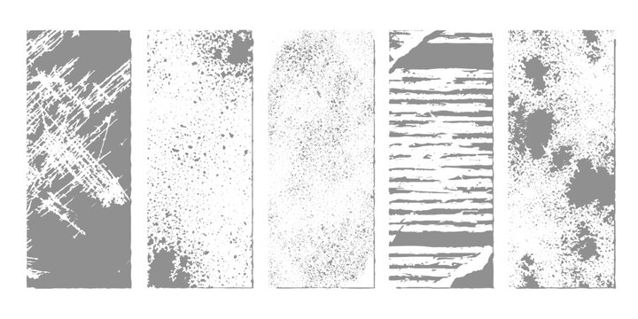 Grunge texture set with distressed paint, scratch marks, splatter effects, and rough abstract patterns on white background texture design, minimal edgy style.