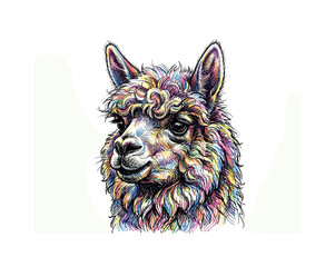 Fototapeta premium Alpaca head portrait in three-quarter view with fluffy wool texture and upright ears forming soft rounded facial structure in