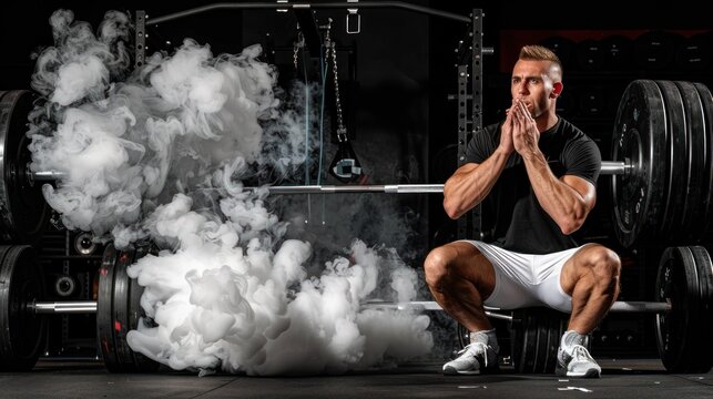 Strong Man Squatting with Heavy Barbell in Gym Surrounded by Smoke During Workout