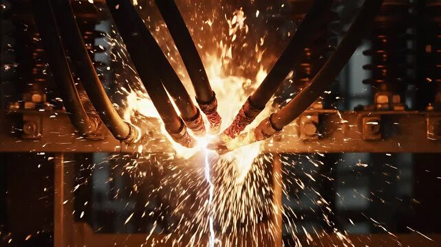 High Voltage Electrical Short Circuit with Sparks and Fire