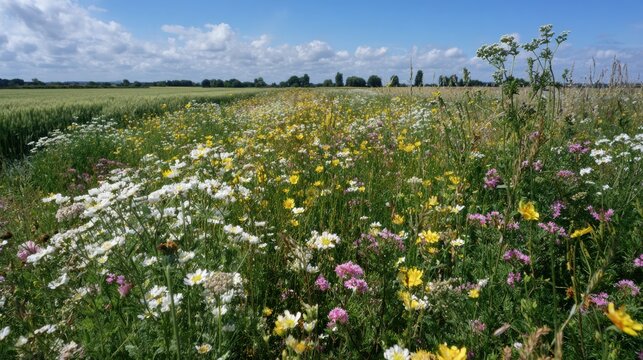 Mixed wildflower strip with tall grasses, yellow and white blooms interspersed with native herbs, distant arable fields, soft cloud cover, biodiversityrich margin used for botanical survey and species