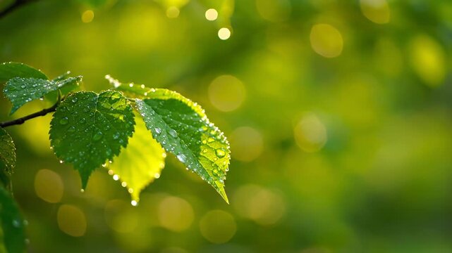 Close-up of dewy leaves illuminated by sunlight, set against a blurred green backdrop