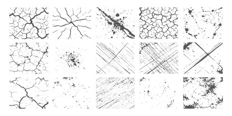 Obraz premium Minimalist set of collection black and white grunge textures, featuring cracked earth patterns, ink splatters, grainy noise, and distressed vintage borders, high-contrast vector style.