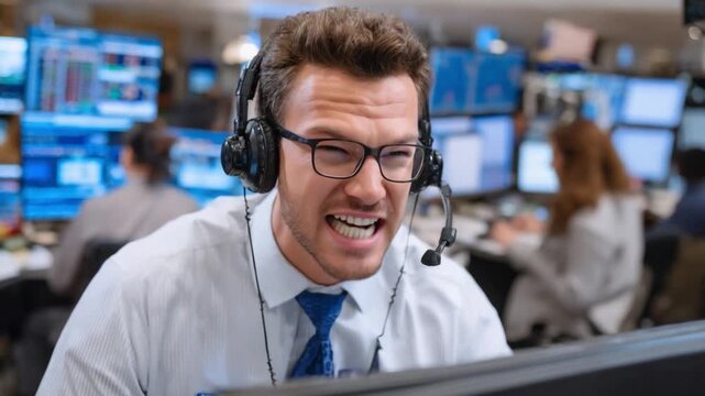 Frazzled Trader: A close-up shot of a trader at work, his face etched with stress and intensity, captures the fast-paced, high-pressure environment of the financial world.