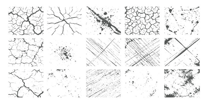 Minimalist set of collection black and white grunge textures, featuring cracked earth patterns, ink splatters, grainy noise, and distressed vintage borders, high-contrast vector style.
