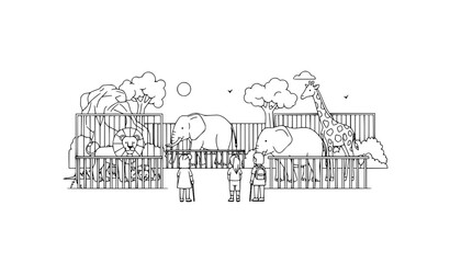 Obraz premium Kids watching zoo animals line art black and white minimal outline vector illustration educational wildlife moment