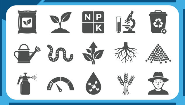 Large Collection of Agriculture Icons Featuring NPK Fertilizer Formula, Soil Testing Microscope, Organic Compost, Plant Growth and Farming Science Graphic Elements Vector Set