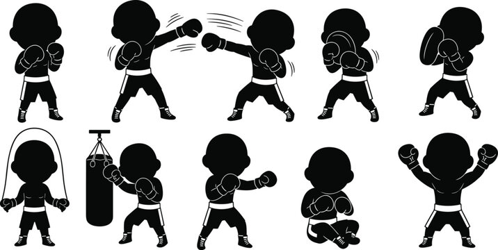 Vector collection of cute minimalist black and white boxer icons featuring various poses like punching training jumping rope and winning isolated on white background
