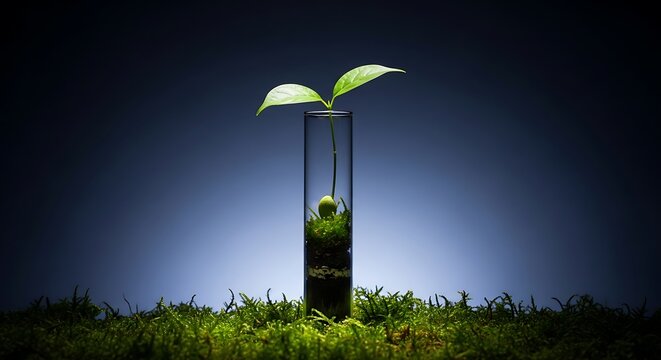 A seedling grows within a glass tube set in moss against a gradient blue backdrop