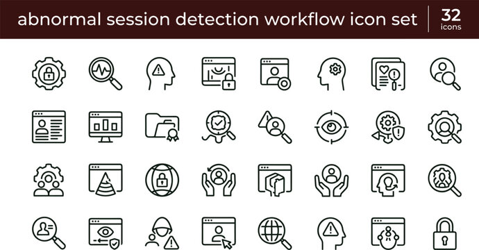 Abnormal session detection workflow outline cybersecurity icon set illustrating behavioral monitoring anomaly alerts identity validation suspicious activity tracking security processes