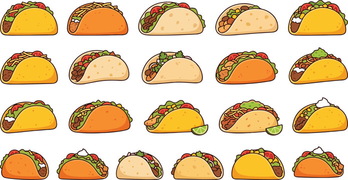 Taco Icon Set Mexican Food Collection Fast Food Menu Street Food Vector Illustration