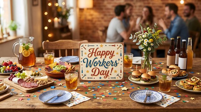Happy workers day celebration with food drinks and colleagues