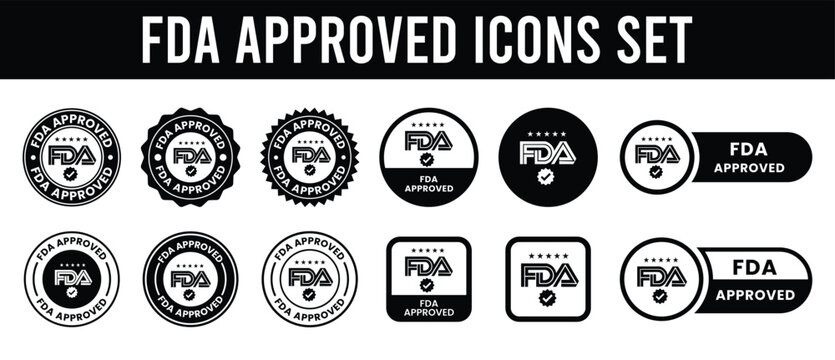 A collection of black and white circular and rectangular fda approved badges and icons are displayed high quality professional detailed modern