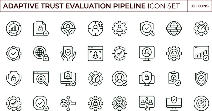Adaptive trust evaluation pipeline outline cybersecurity icon set illustrating identity verification analytics governance monitoring scoring framework architecture workflows