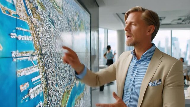 Global Strategy Discussion: A focused professional gestures emphatically, presenting a strategic plan on a vast digital display.