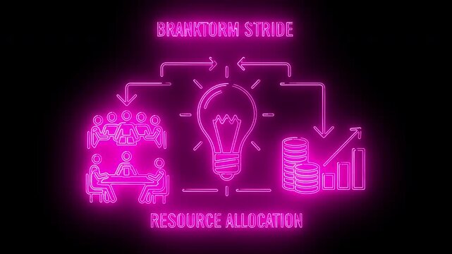 Neon-lit infographic illustrating brainstorm stride and resource allocation with a lightbulb, icons, and graphs on a black background.
