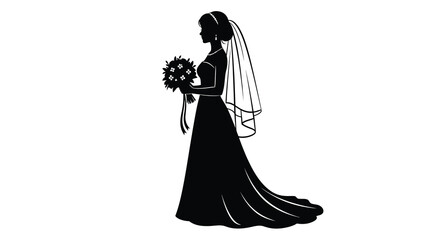 Fototapeta premium Elegant bride in a flowing gown holds flowers a striking silhouette