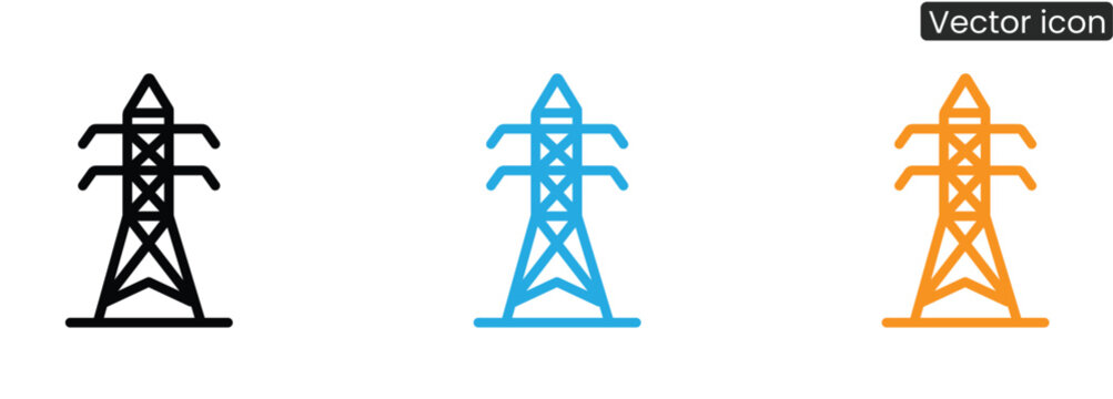 Vector icons of electric power transmission towers in black, blue, and orange, ideal for energy and infrastructure concepts