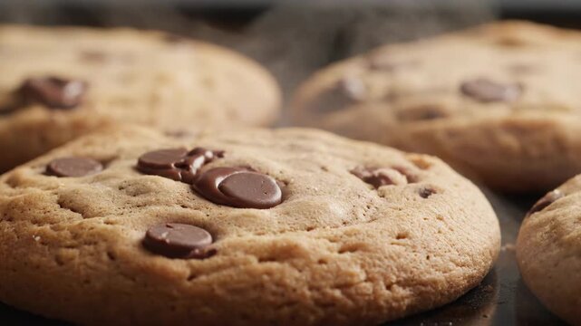 Close-up of freshly baked cookies, chocolate chips, and delicious textures
