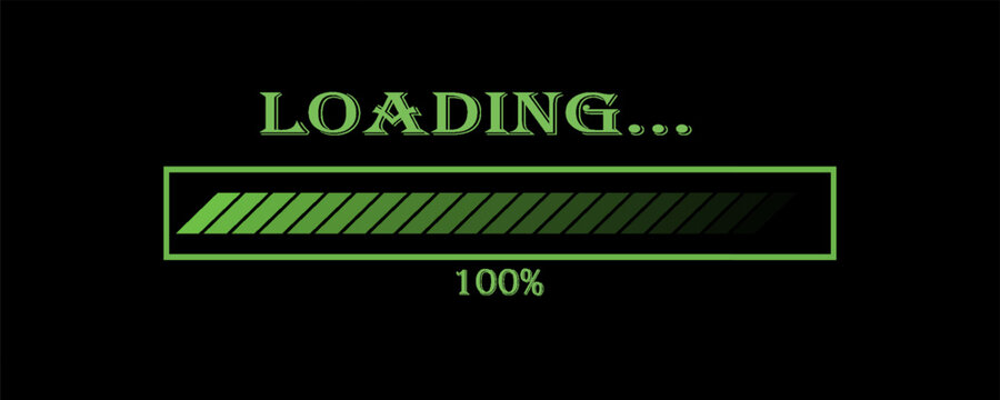 Vector illustration of a green loading bar isolated on a black background for websites and graphic resources. 100% loaded bar.