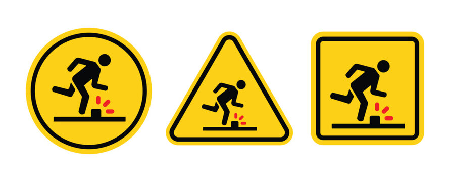 Tripping hazard symbol safety sign. Floor surface obstacle fall caution symbol. Person foot falling beware sign. Vector Illustration.