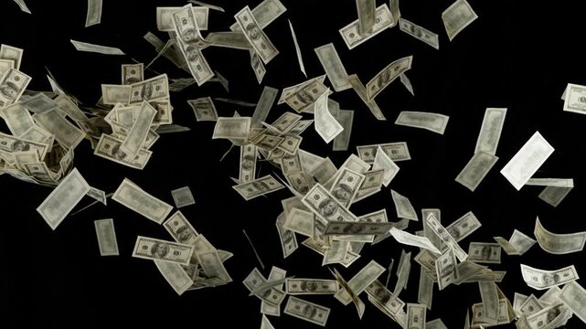 Super slow motion of flying US dollars banknotes on black background. Filmed on high speed cinema camera, 1000fps.