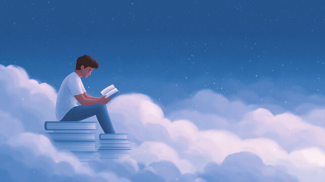 A thoughtful reader sits on stacked books among clouds under a starry night, exploring ideas and imagination through study, curiosity, and quiet reflection in a dreamlike, tranquil setting.