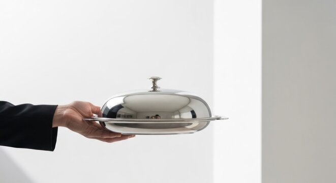 Hand holds chrome platter with domed lid, against a clean, white background