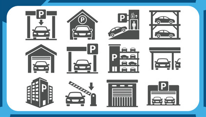 Large Collection of Car Parking Icons Featuring Multi Level Garage, Underground Parking Lot, Automated Barrier Gate, Valet Service and City Infrastructure Graphic Elements Vector Set © Shammi