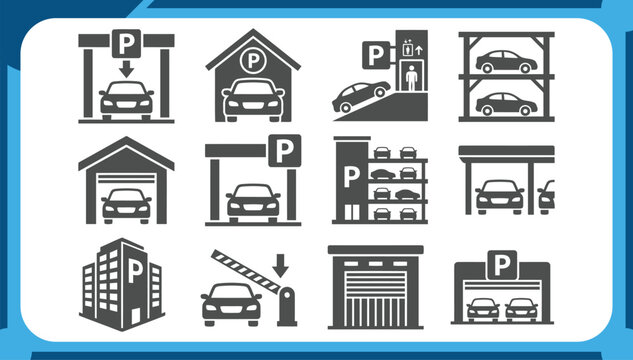 Large Collection of Car Parking Icons Featuring Multi Level Garage, Underground Parking Lot, Automated Barrier Gate, Valet Service and City Infrastructure Graphic Elements Vector Set