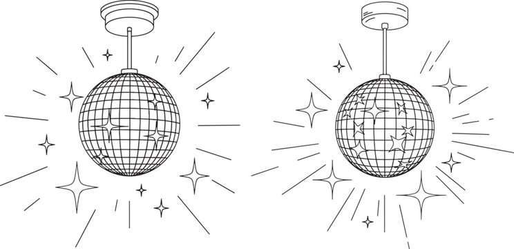 Pair of disco ball illustrations with light rays mirror ball dance floor black and white background dance party lights event lighting nightclub celebration lighting energetic