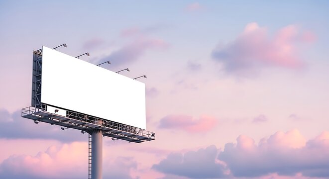 A tall, blank billboard stands against a pastel, cloudy sky