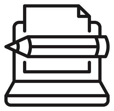 Black line art vector icon of a vintage typewriter with a pencil and a sheet of paper, symbolizing writing, blogging, content creation, journalism, storytelling, and professional copywriting.