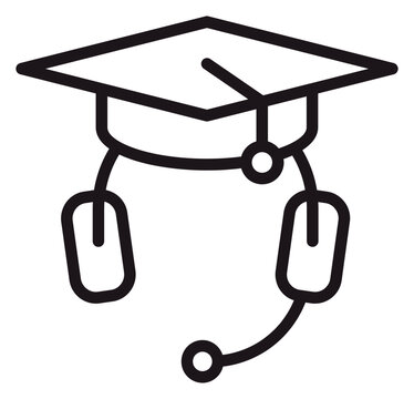 Minimalist vector icon illustration of a graduation cap combined with a headset and microphone, representing online learning, e-learning, remote education, webinars, and digital academic support.