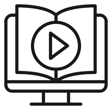 Online learning and e-learning vector icon illustration featuring a computer monitor with an open book and a play button symbol, representing digital education, video tutorials, and webinars.