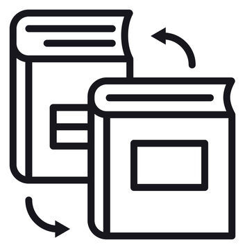 Book exchange vector icon illustration. Minimalist black line art symbol of two books with circular arrows representing library swap, book sharing, translation, or educational rotation.