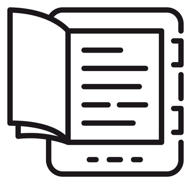 Digital reading tablet with a physical page mid-turn outline symbol &mdash; sleek minimalist black line icon representing the transition from print to screen, e-library access, online publishing, and