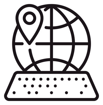 Global Internet Navigation and Online Search Vector Icon Illustration Featuring a Globe with a Location Pin on a Computer Keyboard, Representing Digital Connectivity and Remote Work.