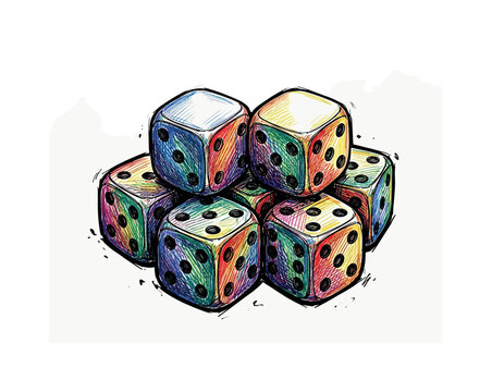 Set of classic board game dice grouped together showing cubic forms with engraved pips and balanced arrangement in expressive