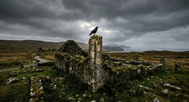 A wide-angle shot of a raven perched atop a crumbling stone pillar in the middle of a desolate, moss-covered Celtic ruin. Dark, moody clouds hang low in the sky, and the lighting is dramatic and local